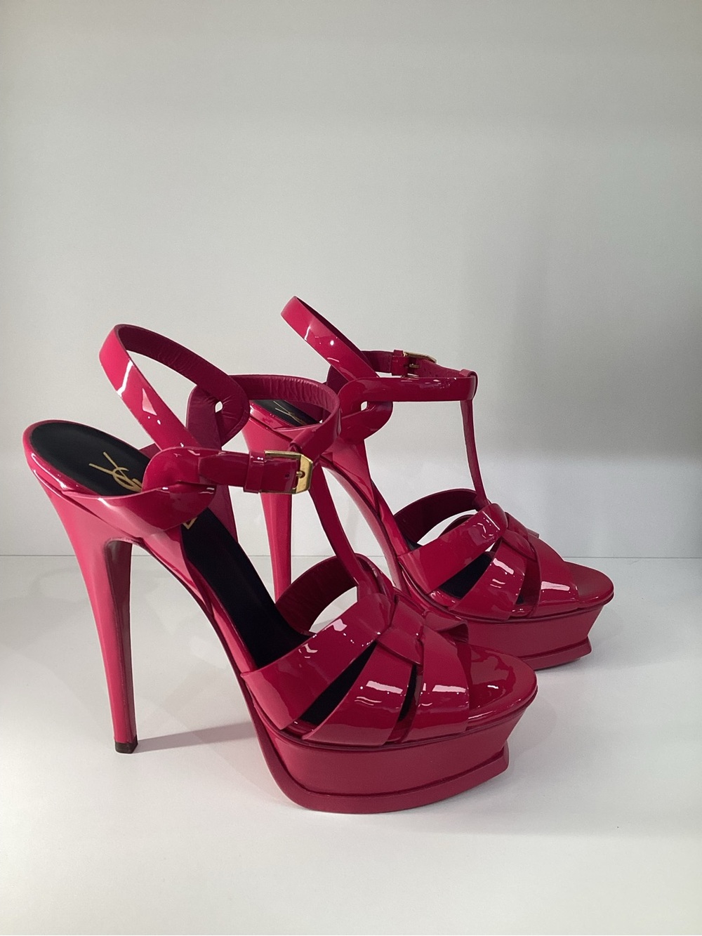 Sz 38 Yves Saint Laurent Fuschia Tribute Patent Leather Sandals Shoes w/ box